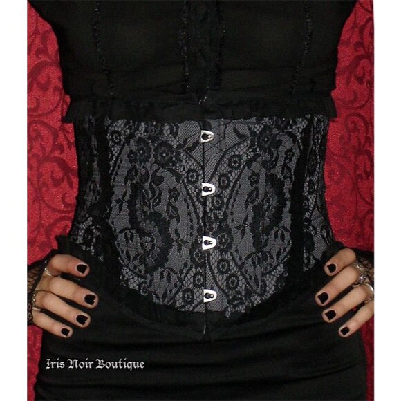 Vintage Lip Service Gothic Lolita Victorian Gray Black Lace Corset Cincher XL - Picture 5 of 6